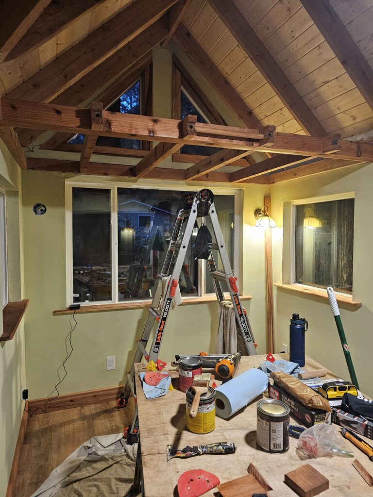 Working on the loft bed and the windows trim.